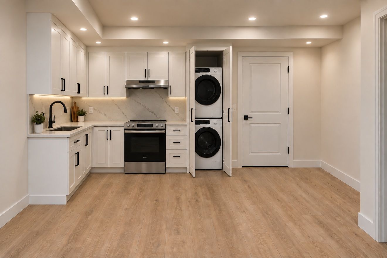 Finished legal basement kitchen with white shaker cabinets and stacked washer-dryer by DK Construction Inc.