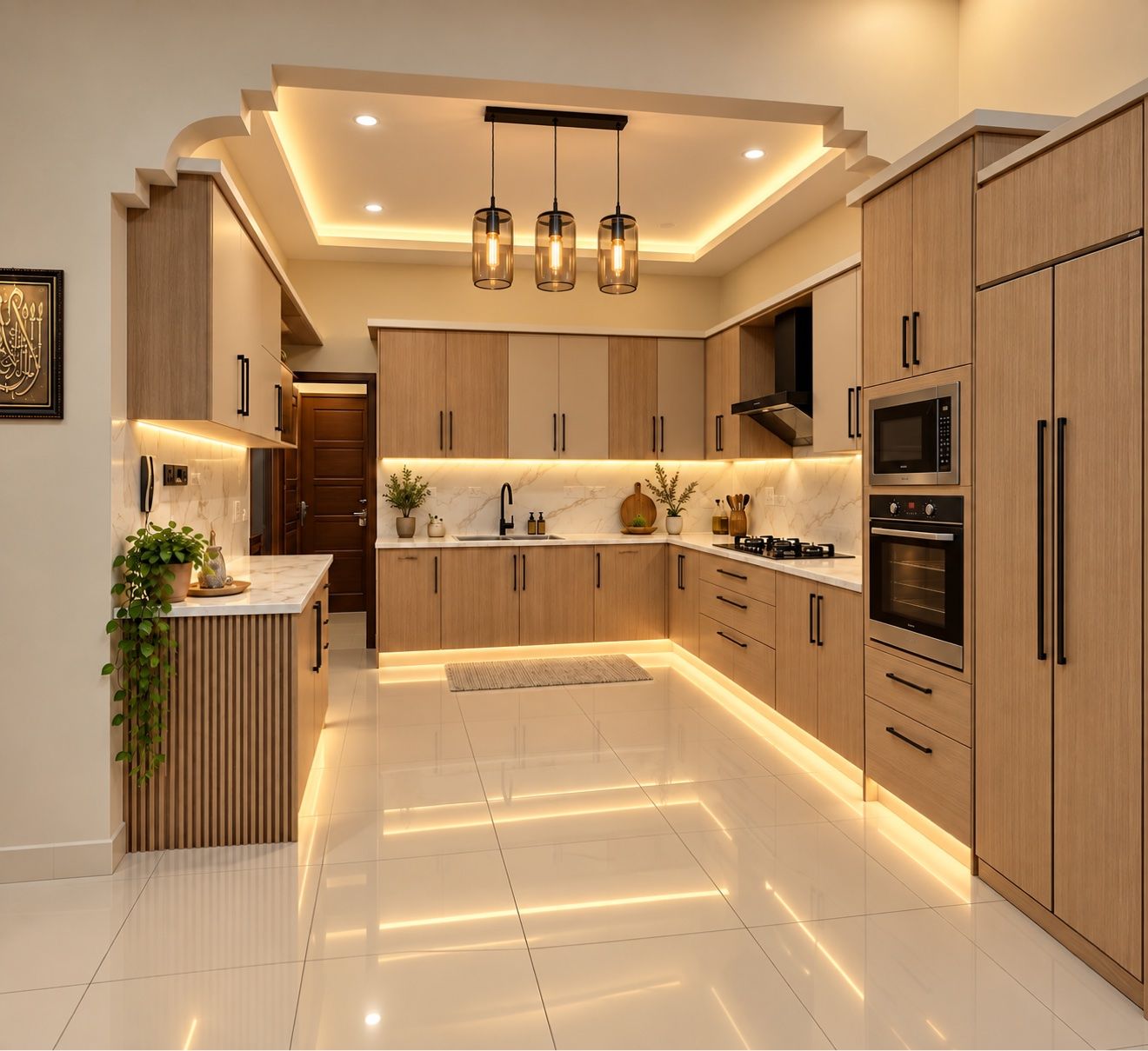 Modern kitchen renovation with wood cabinets, pendant lights and LED under-cabinet lighting by DK Construction Inc.