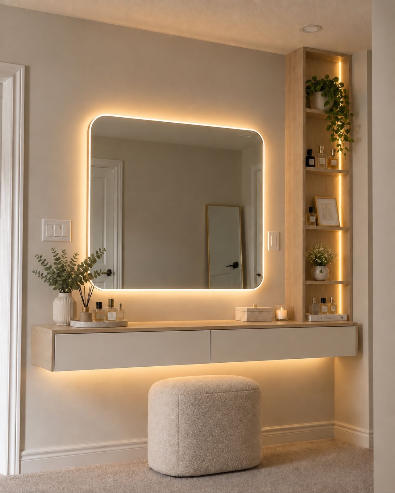 Custom dressing room vanity with backlit mirror and floating drawers by DK Construction Inc.
