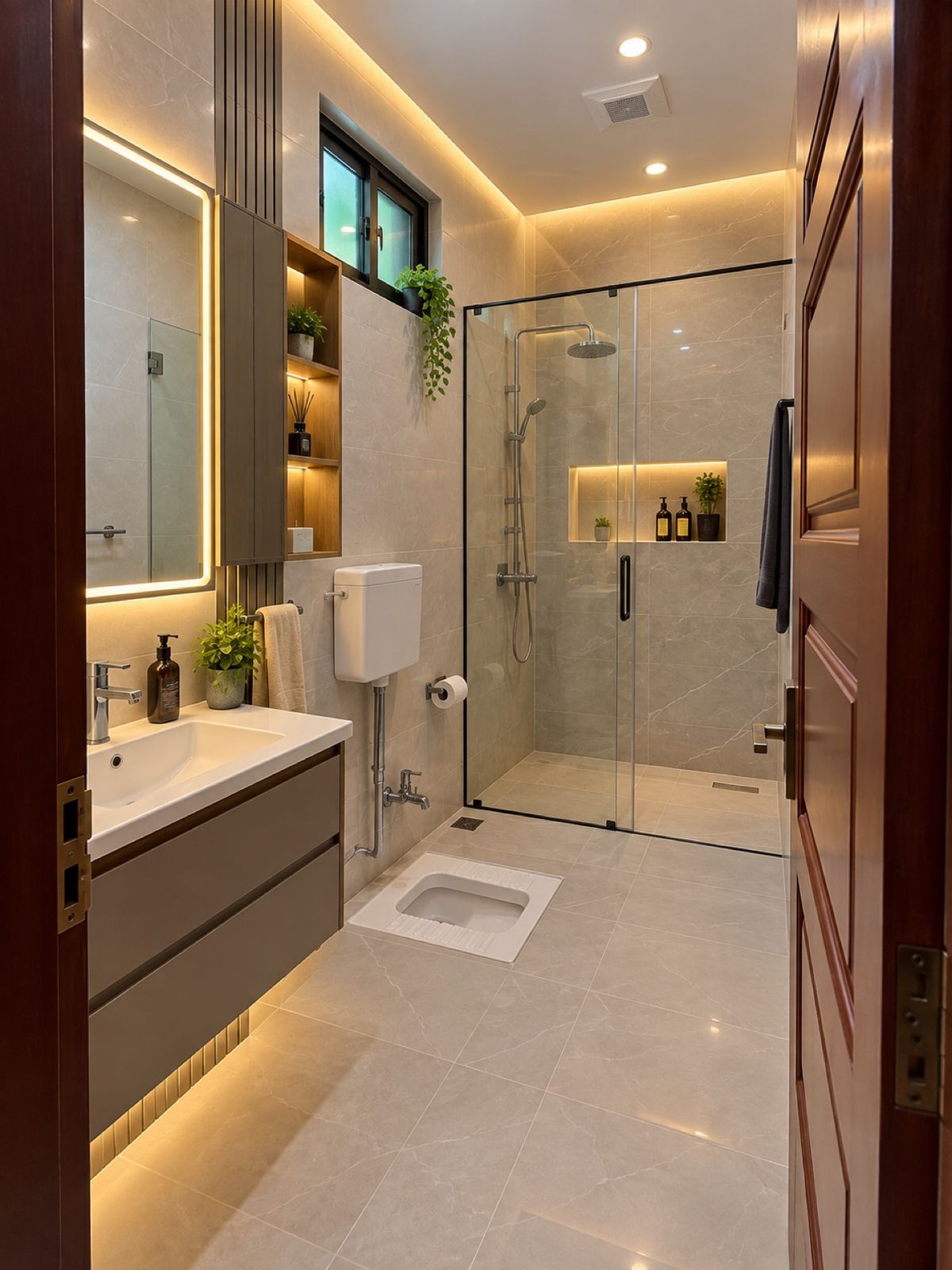 Luxury bathroom renovation with glass walk-in shower and backlit mirror by DK Construction Inc.