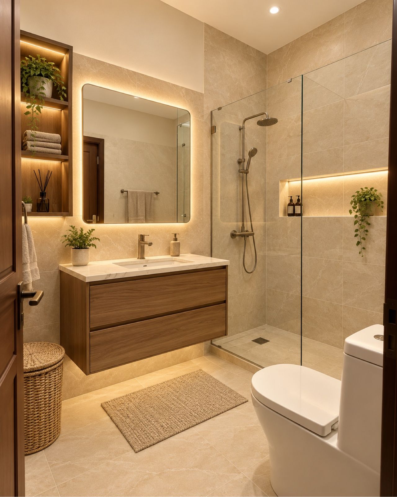 Bathroom renovation with floating wood vanity, backlit mirror and glass shower by DK Construction Inc.