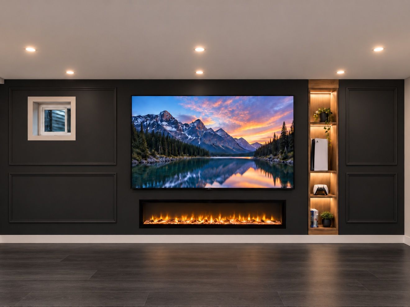 Finished basement media wall with electric fireplace and built-in display shelving by DK Construction Inc.